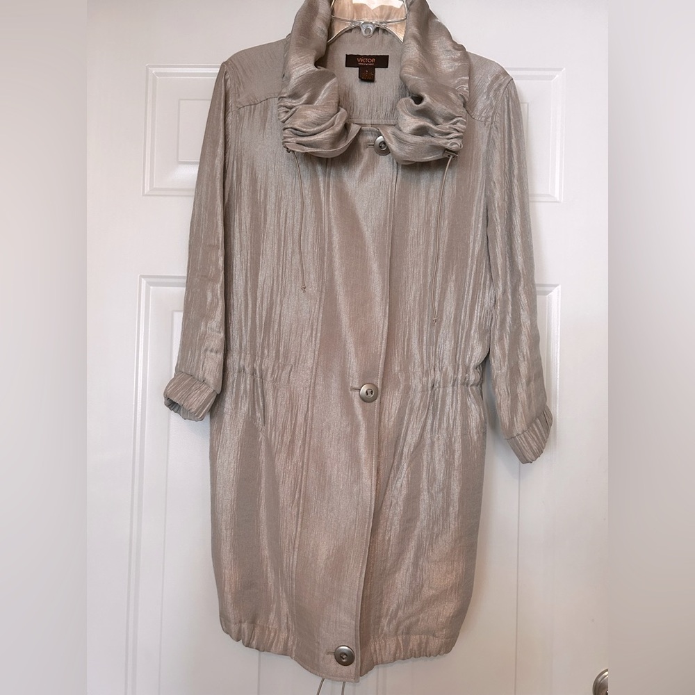 Victor Alfaro Metallic Full Zip Jacket Coat S Beige Cinched Waist Lightweight